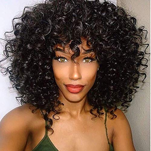 YEESHEDO Peluca Afro Negro Brasileño Sintético Brasileño Rizado Natural para Mujer, Kinky Curly con flequillo pelucas cortas para mujeres negras, 1.0 unidad